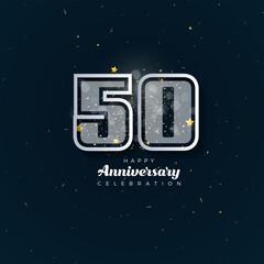 50th Anniversary celebration, 50 Anniversary celebration in black BG, stars, glitters and ribbons, festive illustration, white number 50 sparkling confetti, 50,51
