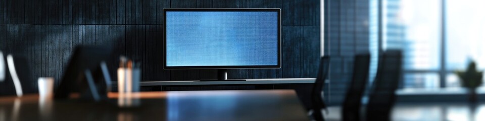 Obraz premium Flat screen TV placed on a wooden table, great for living room or office use