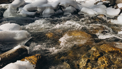 Fototapeta premium cold river waterstream in the snowy mountains
