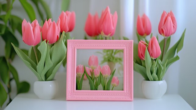 A pink picture frame sits atop a clean white table, perfect for holding a cherished memory