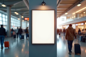 Airport Terminal Digital Billboard Mockup for Advertising Display: Modern Commercial Advertisement Space in International Travel Hub with Passenger Traffic and Luggage