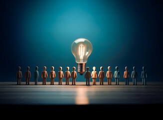 A glowing lightbulb shines above a row of small figures, symbolizing a bright idea illuminating a team. This visual represents innovation and collective effort towards a common goal.
