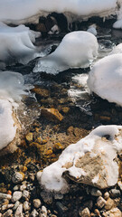 cold mountain waterstream among brown stones