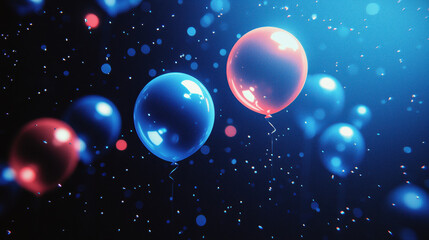Colorful balloons in blue and red float against dark background, creating festive atmosphere filled with sparkling lights. Perfect for celebrations and parties