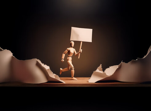 A wooden mannequin figure runs forward holding a blank sign, breaking through torn paper against a dark backdrop illuminated by a spotlight, suggesting a breakthrough or announcement.