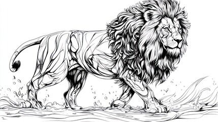 Obraz premium Lion Walking Sketch Lion strides across a river of water, showcasing its anatomy, suitable for book