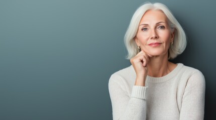 Senior woman with silver hair thoughtfully resting her chin on hand against a simple colored background