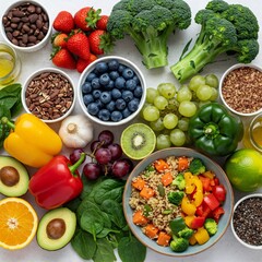 Healthy vegan food laid out on table promoting wellbeing and nutrition