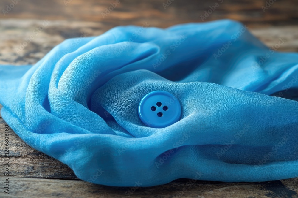Poster a detailed view of a blue cloth featuring a button, suitable for use in fashion or textile design pr