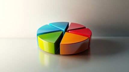 Fototapeta premium An intricate D pie chart with vibrant color sections and sleek reflections, isolated against a simple neutral background for a sophisticated, modern look
