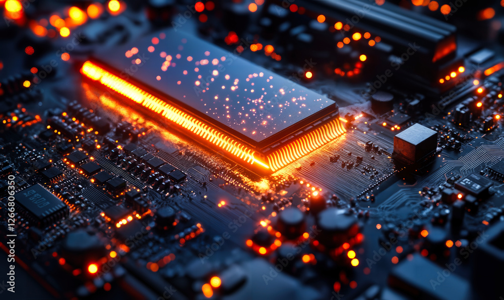 Poster advanced ddr5 memory module on circuit board with illuminated connections highlighting cutting-edge 