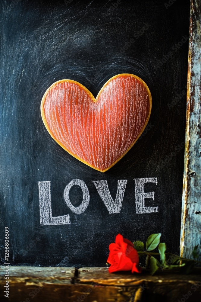 Poster a simple illustration of a chalkboard with a heart and the word 'love' written on it
