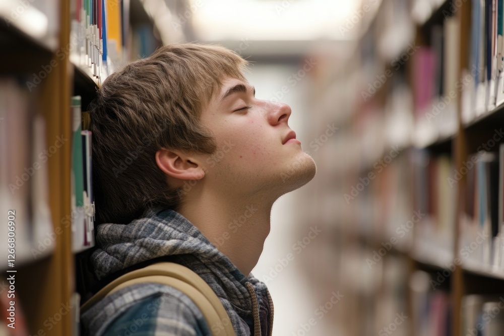 Aufkleber A person searching for information in a quiet library setting