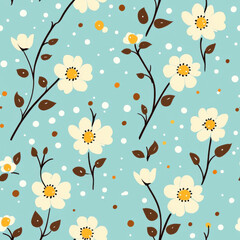 Fototapeta premium cute tiny flowers in a simple doodle pattern , set against a turquoise background with brown and white dots ,