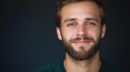 Fototapeta premium Engaging young man with a beard expressing warmth and confidence in a minimalist setting during a casual portrait session