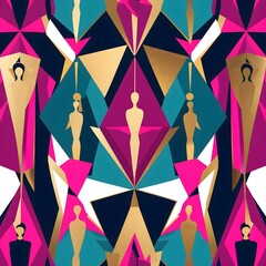 Symmetrical Feminine Force: A balanced and bold geometric composition featuring stylized women figures, representing the harmonious yet powerful action for women's rights on International Womens Day
