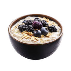 A healthy breakfast of fresh oatmeal with blueberries and a bowl of the same sweet berry isolated on transparent background