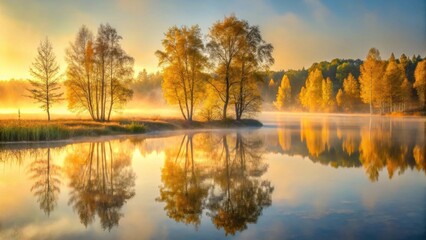 Obraz premium Golden Autumn Sunrise Reflections on Still Water, Serene Landscape with Misty Trees