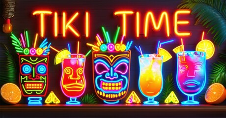 Vibrant neon sign Tiki Time glows with colorful tiki masks, flaming torches, and tropical cocktails. Exotic details like fruit garnishes and palm leaves create a festive atmosphere