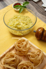 A view of a bowl of spaghetti squash Alfredo.