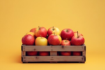 A high-detail capture of an apple display in a traditional wooden crate, set against an isolated gradient yellow-orange background, highlighting warmth and vibrancy
