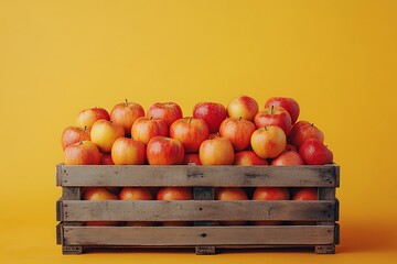 A high-detail capture of an apple display in a traditional wooden crate, set against an isolated gradient yellow-orange background, highlighting warmth and vibrancy