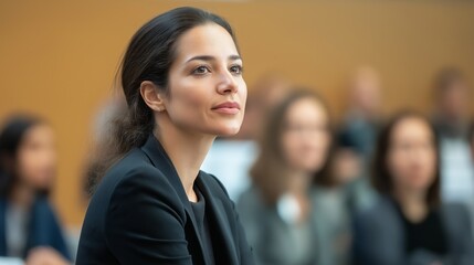 Fototapeta premium Young professional listening intently during an important conference in a modern auditorium with a diverse audience present