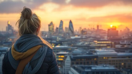 Fototapeta premium Young woman gazing over the city of london skyline at sunset, embracing future opportunities and business success with a serene urban landscape in gentle golden light