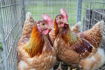 A group of chickens standing together in a cage