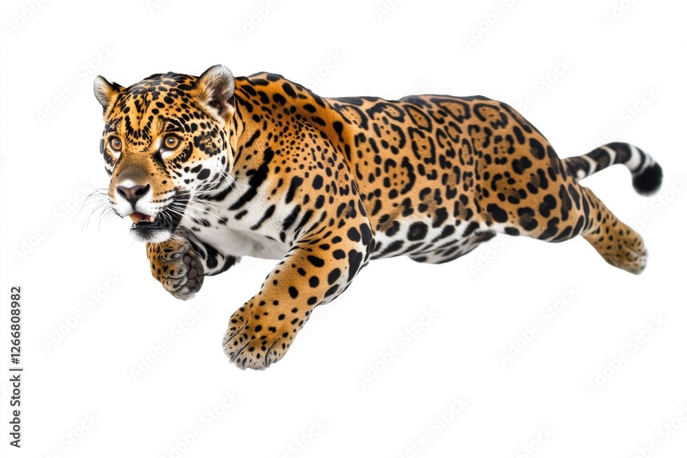 Poster a large leopard in mid-air while jumping, great for action or wildlife scenes