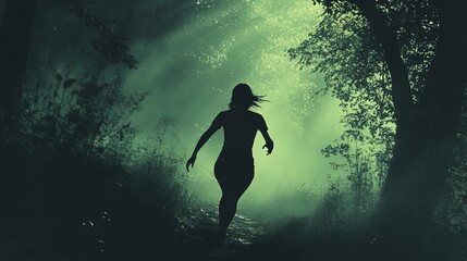 A person running through a shadowy forest, chased by something unseen, terrifying and dynamic 
