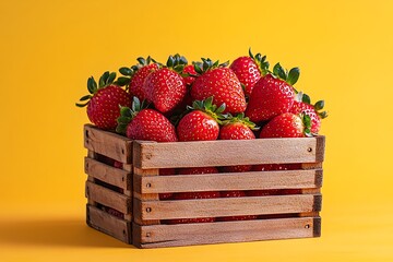 A high-detail capture of a strawberry display in a traditional wooden crate, set against an isolated gradient yellow-orange background, highlighting warmth and vibrancy