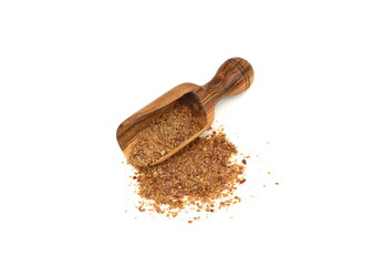Milled flaxseed, linseed pile. Ground or crushed brown flax seed or linseed isolated on white. Ground Flaxseed (Linseed Powder) Isolated on White Background. High Fiber Food Supplement. 