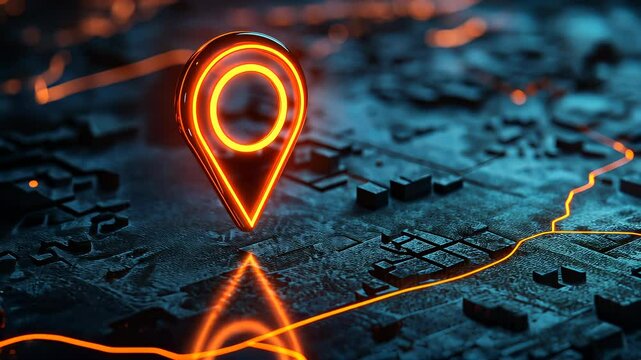 3D GPS Location pin hovering over intricate circuitry, neon glowing with digital precision and representing advanced geolocation technology cyber glow effect background video 4k