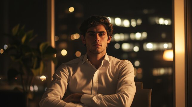man in white shirt sitting by window at night