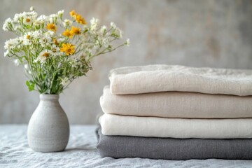 Three linen tablecloths stacked in neutral tones beside a vase of vibrant flowers create an inviting and elegant table display
