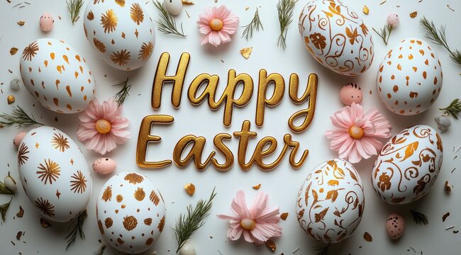 Festive Easter display with white eggs decorated with gold patterns, pink flowers, and greenery arranged around the words Happy Easter, in gold glitter. 