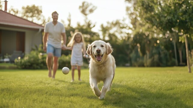 On a bright and sunny day, a joyful family creates wonderful memories in their garden, playing with their energetic golden retriever and a cheerful young girl