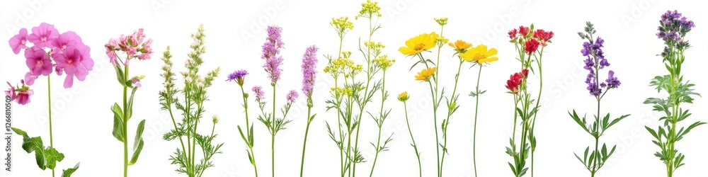 Poster a collection of variously colored flowers arranged neatly on a plain white surface