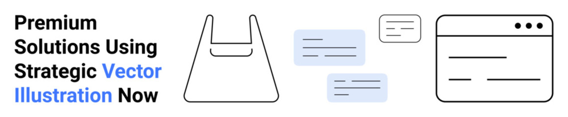 Minimalist shopping bag, text bubbles, and web page outline emphasize digital communication, e-commerce, and business essentials. Ideal for retail, messages, online services, modern UI e-business