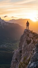 Fototapeta premium A lone hiker stands atop a rocky mountain peak, gazing at a breathtaking sunset over a vast, serene landscape.