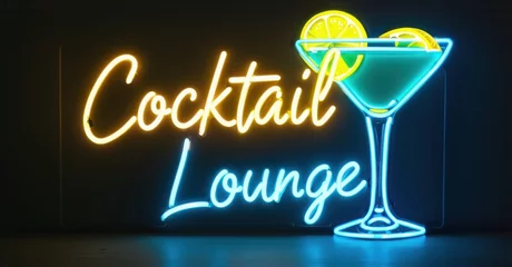Neon sign reading Cocktail Lounge glows in warm yellow and cool blue tones, featuring an illuminated martini glass with a lemon garnish, evoking a stylish and inviting bar atmosphere