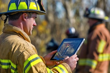 A fireman holding a tablet computer, useful for digital documentation and reporting