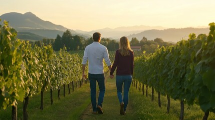 A couple strolls hand in hand through a stunning vineyard, surrounded by lush greenery as the sun sets in the picturesque countryside
