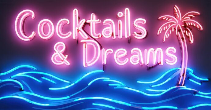 Neon sign Cocktails and Dreams glows in pink and blue, featuring a tropical palm tree and electric ocean waves, evoking a vibrant beachside cocktail lounge ambiance - Powered by Adobe