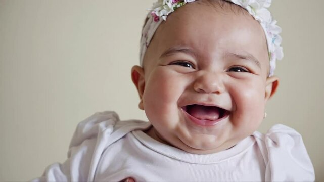 A smiling baby girl with a floral headband and white outfit laughs joyfully. Her bright eyes and chubby cheeks create a heartwarming and innocent portrait