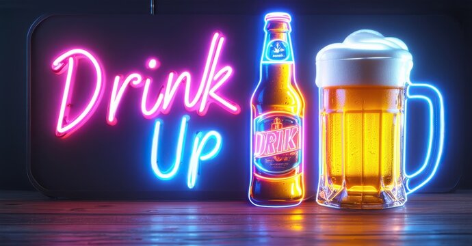 Neon sign Drink Up glows in pink and blue, featuring a radiant beer bottle and a frothy mug, creating a lively atmosphere for beer lovers and bar enthusiasts in a vibrant setting