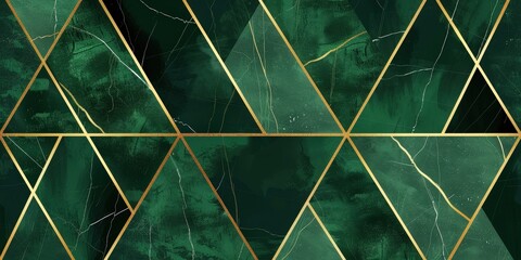 Emerald green and gold triangle abstract geometric background with marbling for design or decoration use