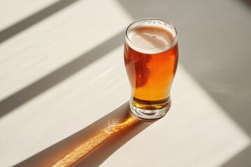 A tall glass filled with golden beer stands on a surface, illuminated by sunlight, creating a striking shadow that enhances the atmosphere