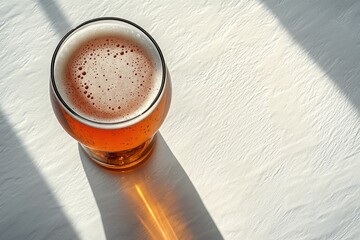 Golden beer fills a wide glass atop a smooth white surface, casting soft shadows, perfect for social gatherings or personal enjoyment